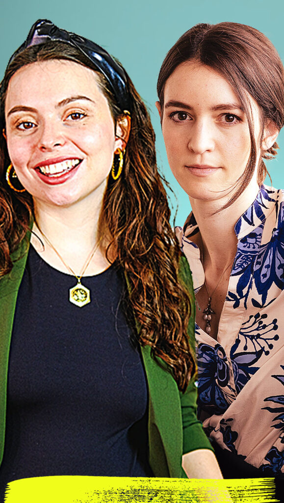A digitally edited photograph of Sophie Smith Galer who is host of Intelligence Squared presents Sage & Jester Critical Conversation: Truth Hurts: From Conflict to Connection. The second person is Dr Julia Ebner who is a special guest at the event. The background is a solid teal color with a yellow paintbrush-style border at the bottom.
