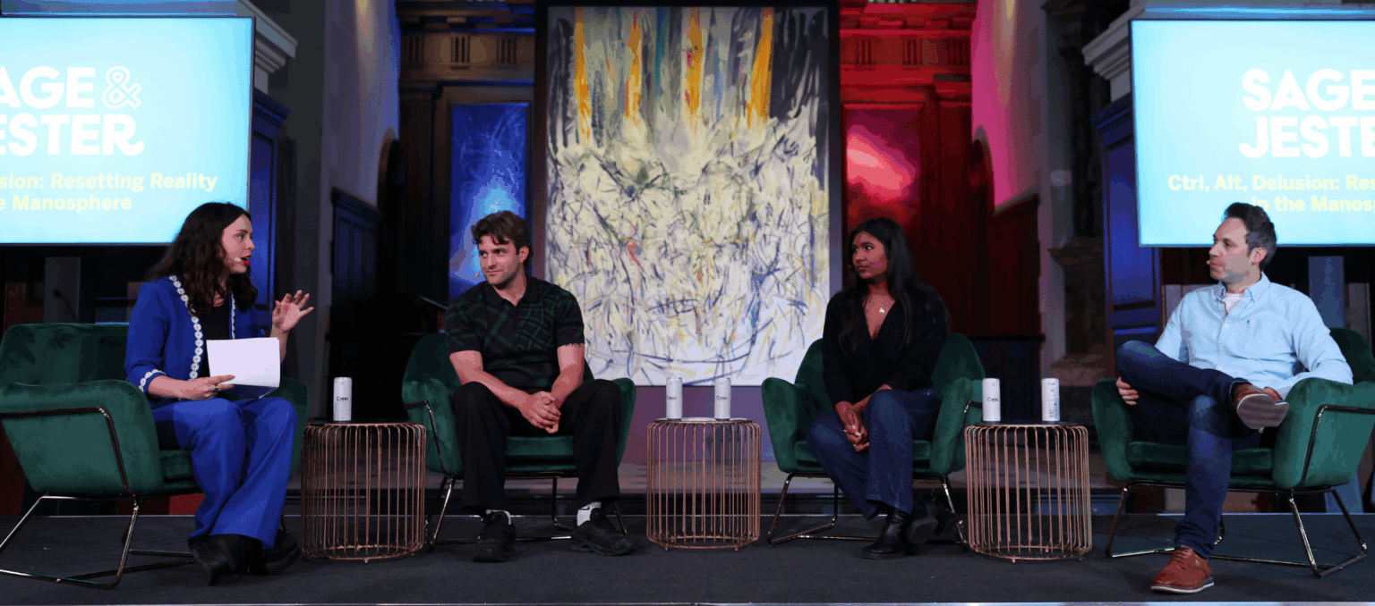 Fron left to right, Sophia Smith Galer, Matt Shea, Ash Sarkar and Sander van der Linden discuss misinformation in the Manosphere at CTRL, Alt, Delusion set in Spitalsfield Church in front of a live audience. Part of the SXSW London programme.