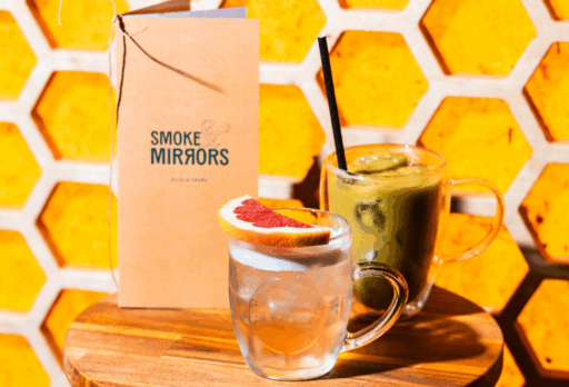 Drinks served and menu for London riverside terrace bar, Smoke and Mirrors.