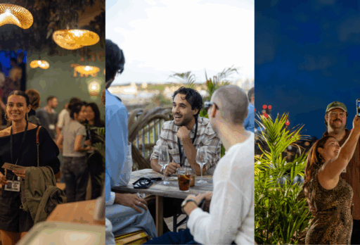 People enjoying drinks inside and on the outdoor terrace bar at Smoke and Mirrors. A new bar with stunning views of London in Deptford.