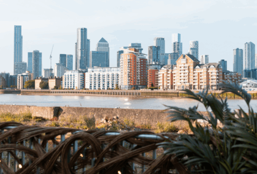Beautiful view from riverside outdoor terrace bar, Smoke & Mirrors. Summer 2025. London, Deptford.