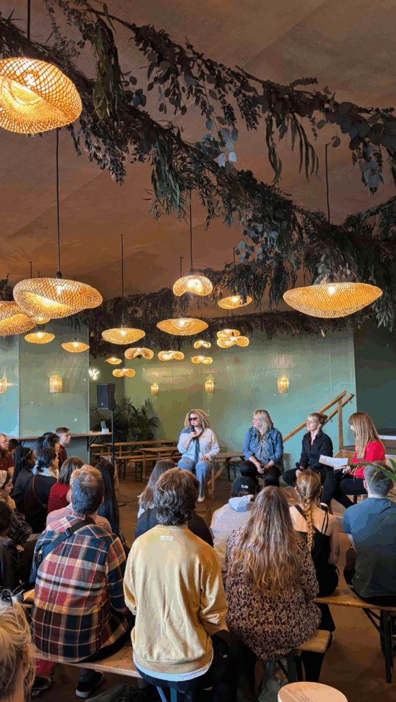 An audience of 16-30 year olds from Masterclass attend a panel discussion on STOREHOUSE: Making Immersive Theatre with the team from Sage & Jester.